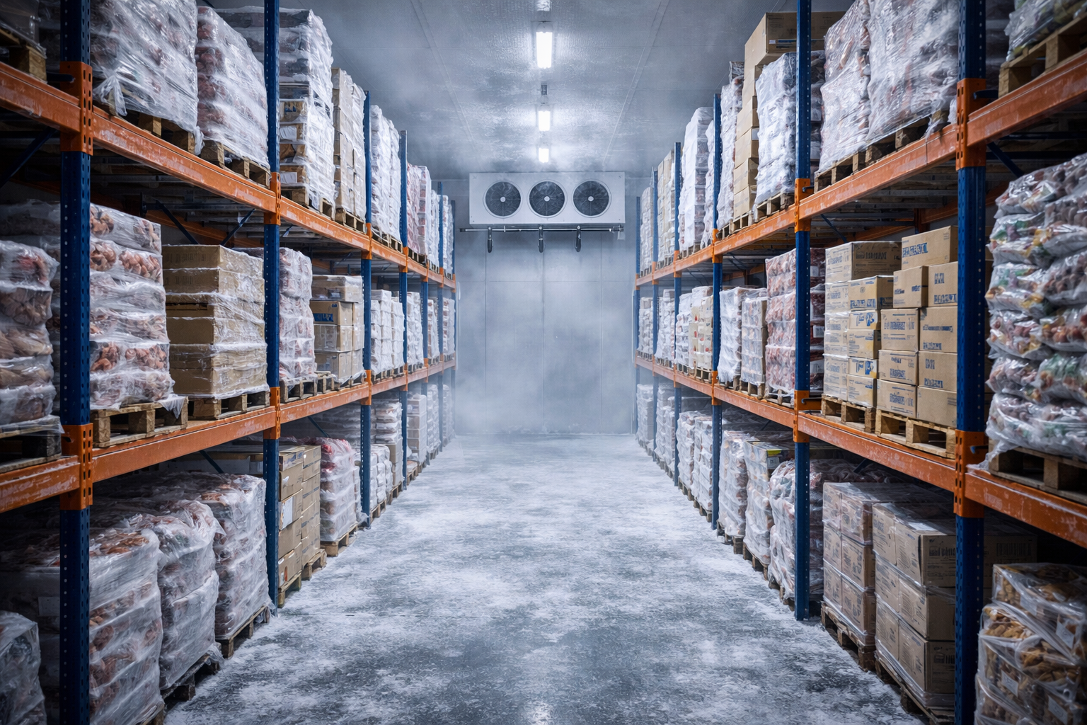Walk-in freezer aisle with industrial racking and frozen storage