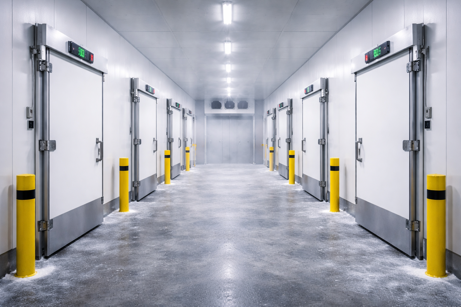 Industrial cold room aisle with insulated doors