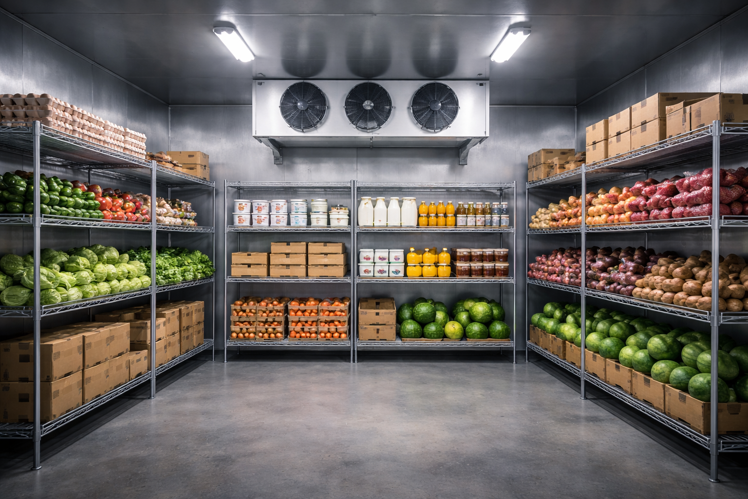 Walk-in cooler room with organized shelving and temperature-controlled storage