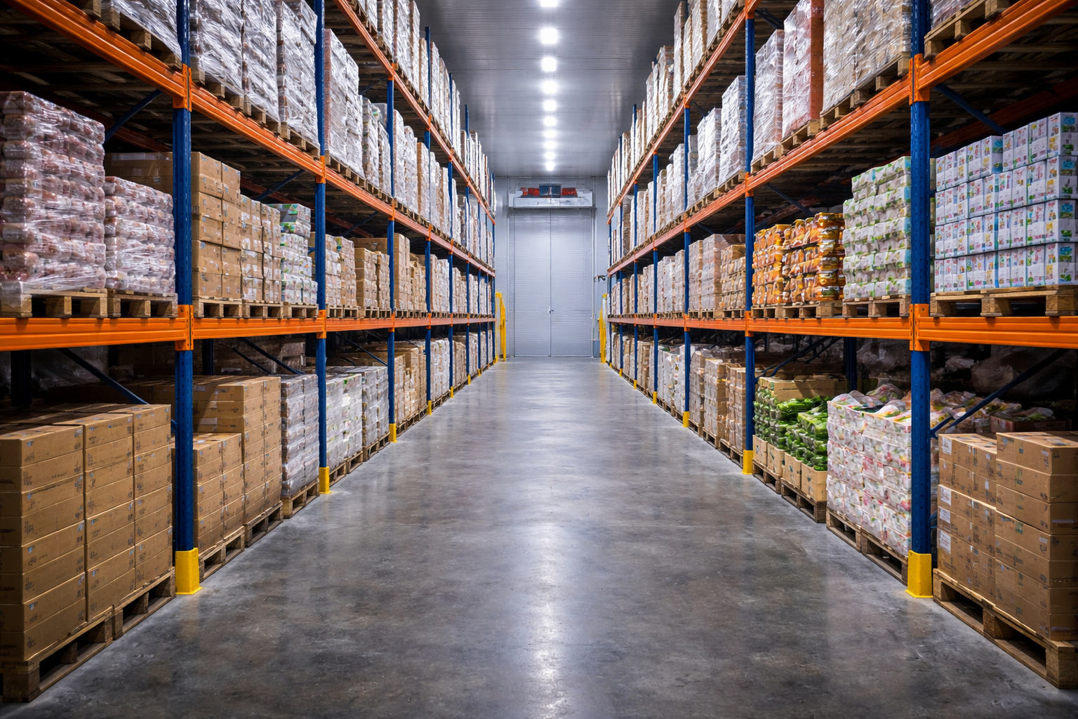 Distribution warehouse aisle with palletized cold-chain inventory