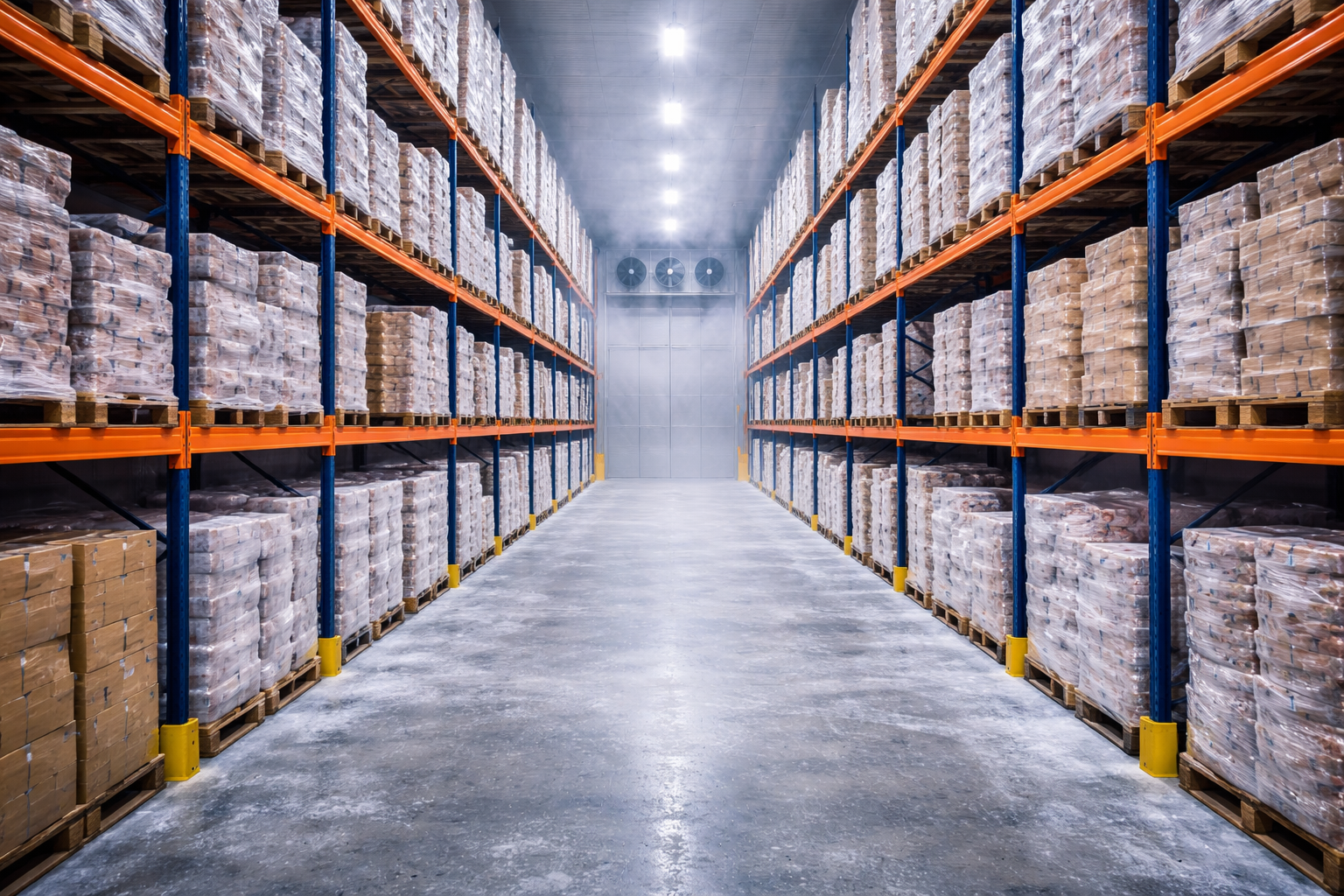 Distribution freezer expansion with high-volume pallet storage aisles